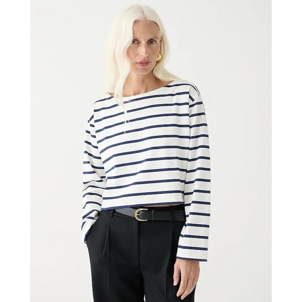 J.Crew Cropped Boatneck T-Shirt In Mariner Cotton Women's Medium Preppy Casual